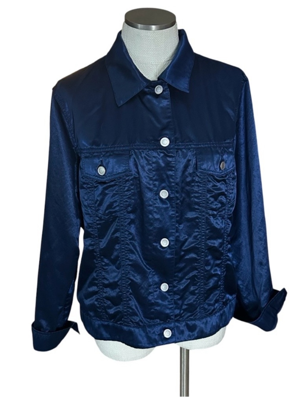 Chico's Navy Satin Jacket Size XL Chico Size 3 Snap Button Front Shacket